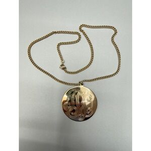 Vintage Gold Tone Chain Necklace 20" Pendant Round Engraved Monogram Medallion